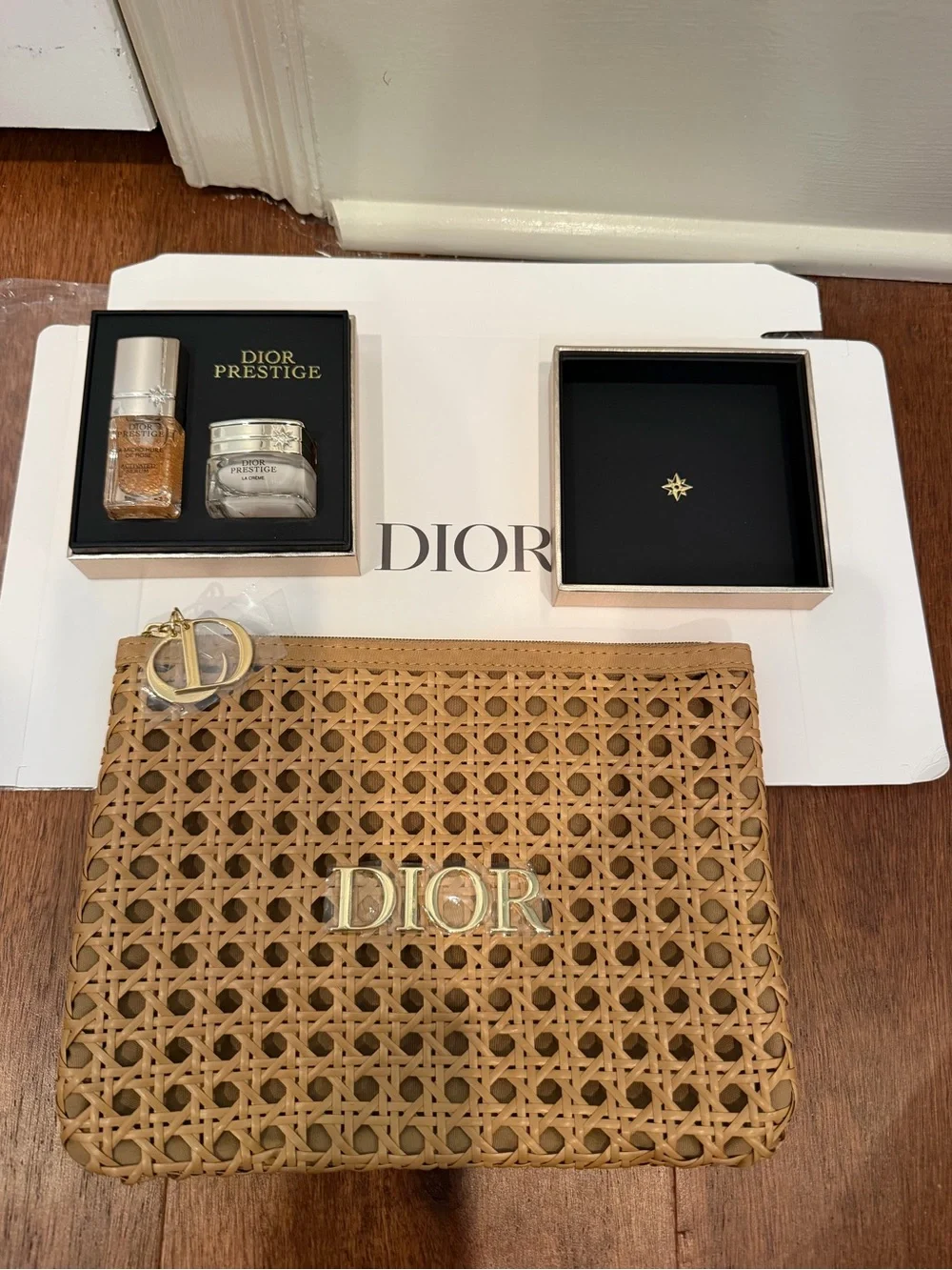 Dior Woven Rattan Pouch in Natural with Gold Logo with Dior Prestige set